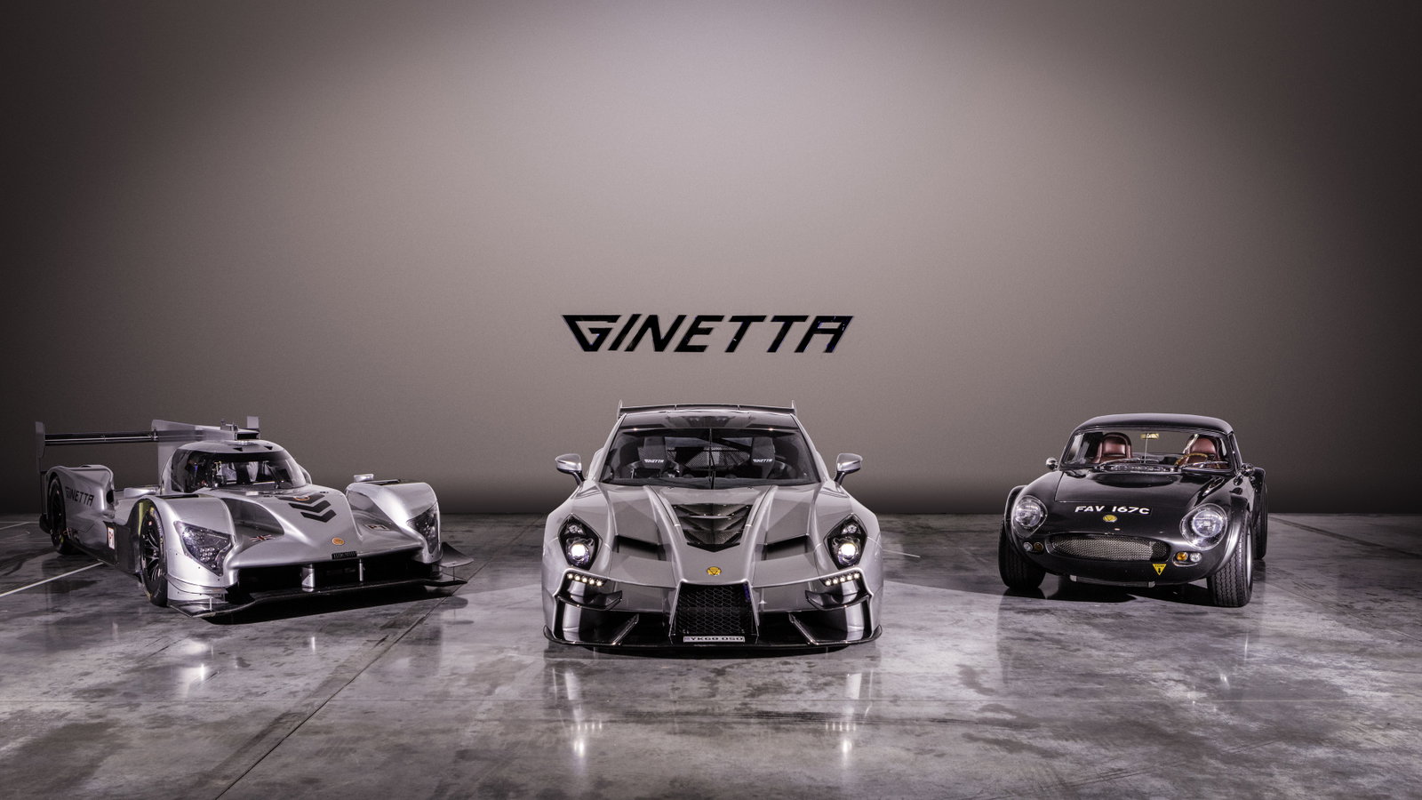 A Ginetta Akula flanked by a G60-LT-P1 LMP1 racer and a G10