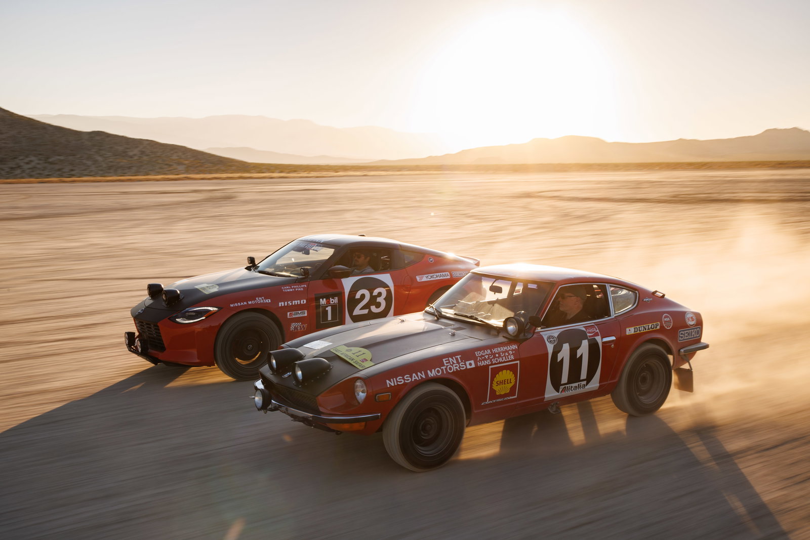 The Nissan Safari Rally Z Tribute with its 1971 240Z predecessor
