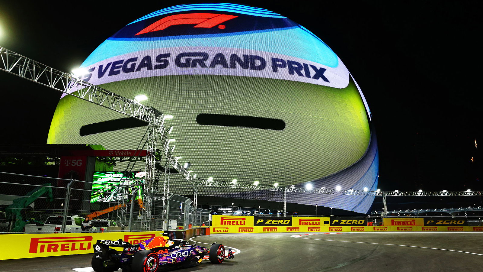 Max Verstappen's Red Bull drives past the Sphere during practice for the 2023 Las Vegas Formula 1 Grand Prix