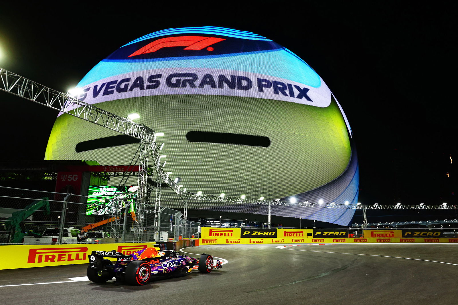 Max Verstappen's Red Bull drives past the Sphere during practice for the 2023 Las Vegas Formula 1 Grand Prix
