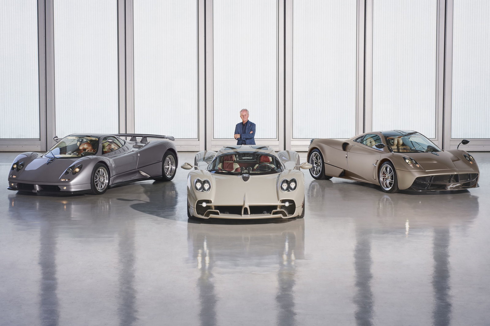 Horacio Pagani with a Zonda, Huayra and Utopia 