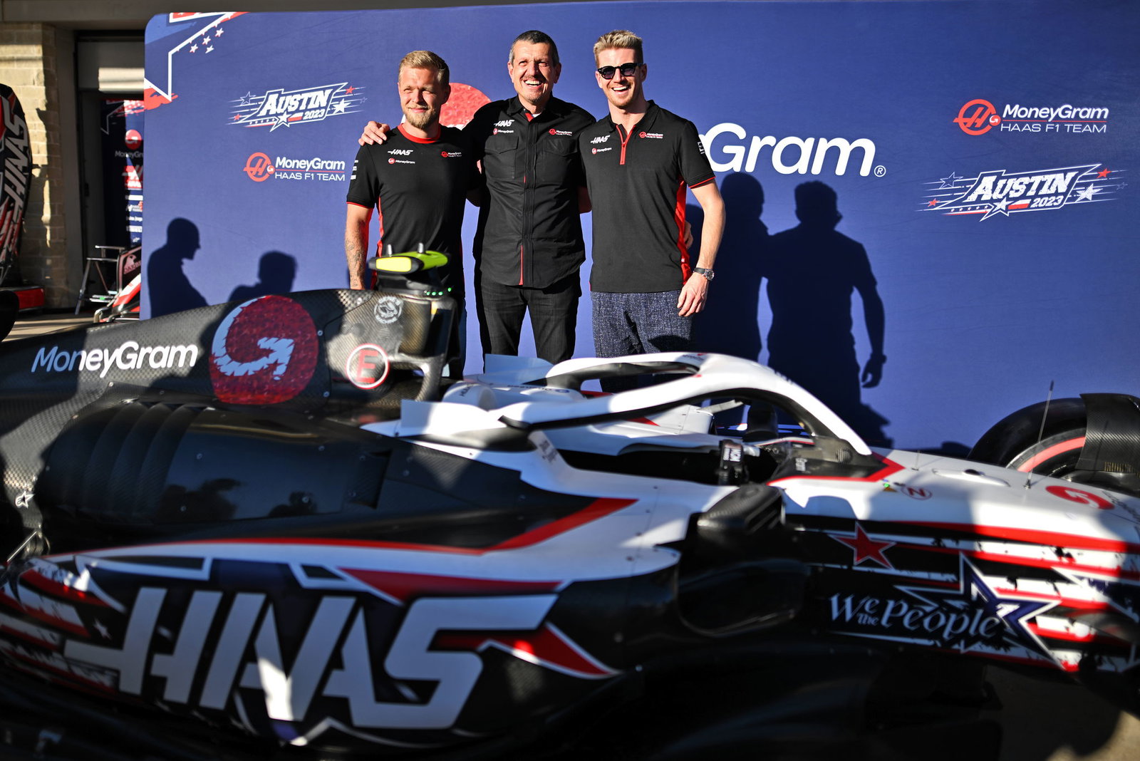 Gene Haas with 2023 Haas F1 drivers Kevin Magnussen and Nico Hulkenberg