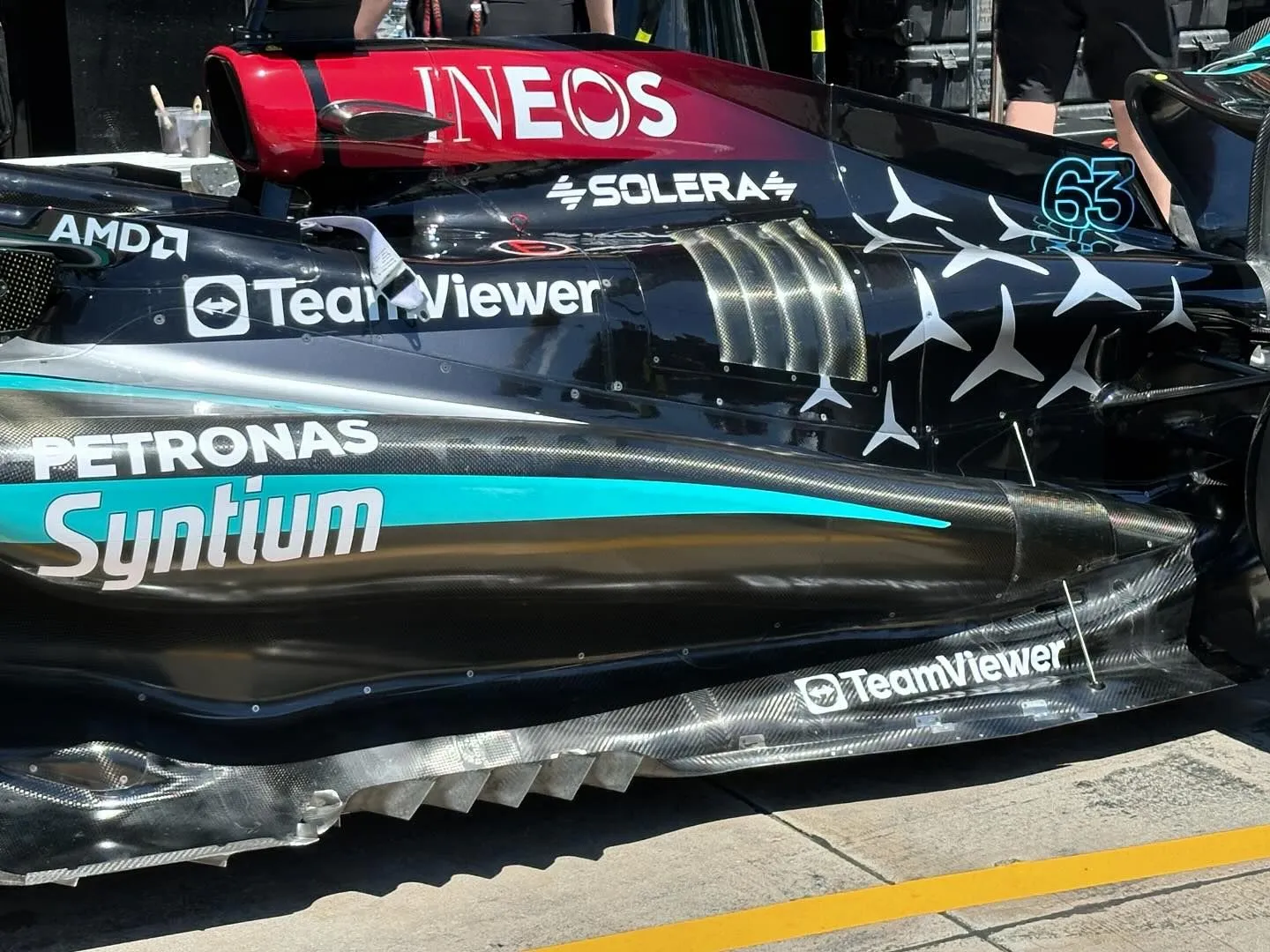 Mercedes F1 W15 in the pits at Imola