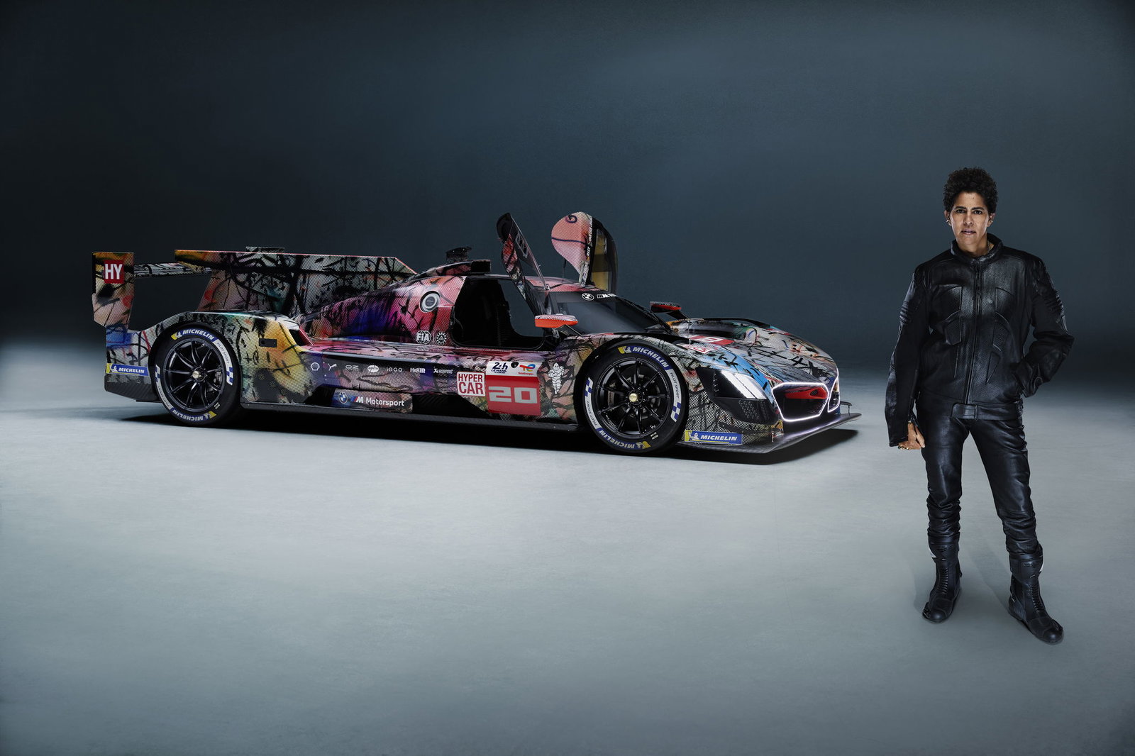 Julie Mehretu with the BMW M Hybrid V8 Art Car