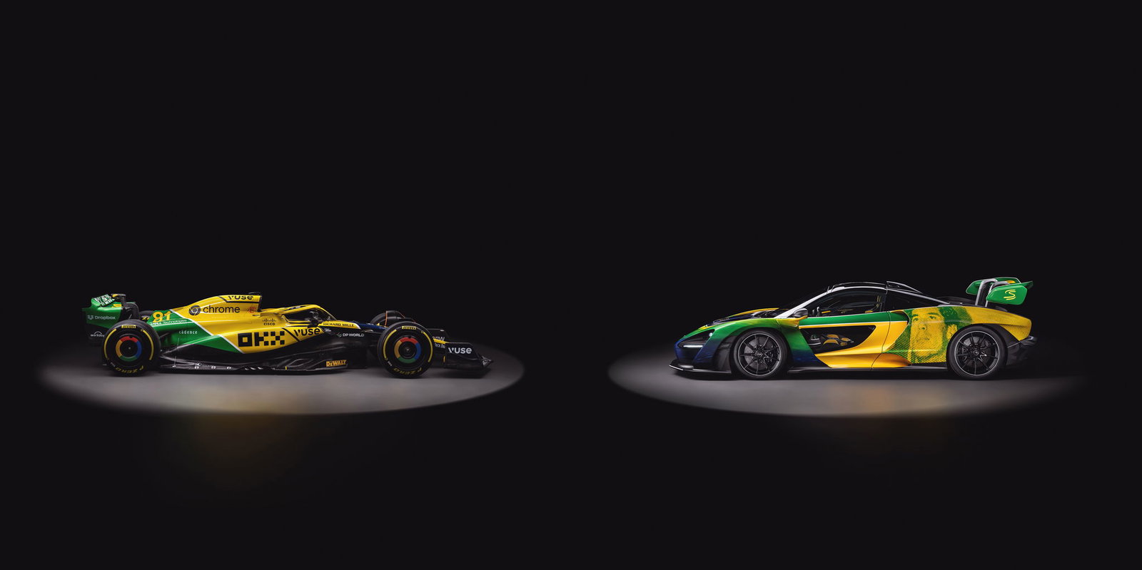 McLaren MCL38 and Senna in 'Senna Sempre' livery