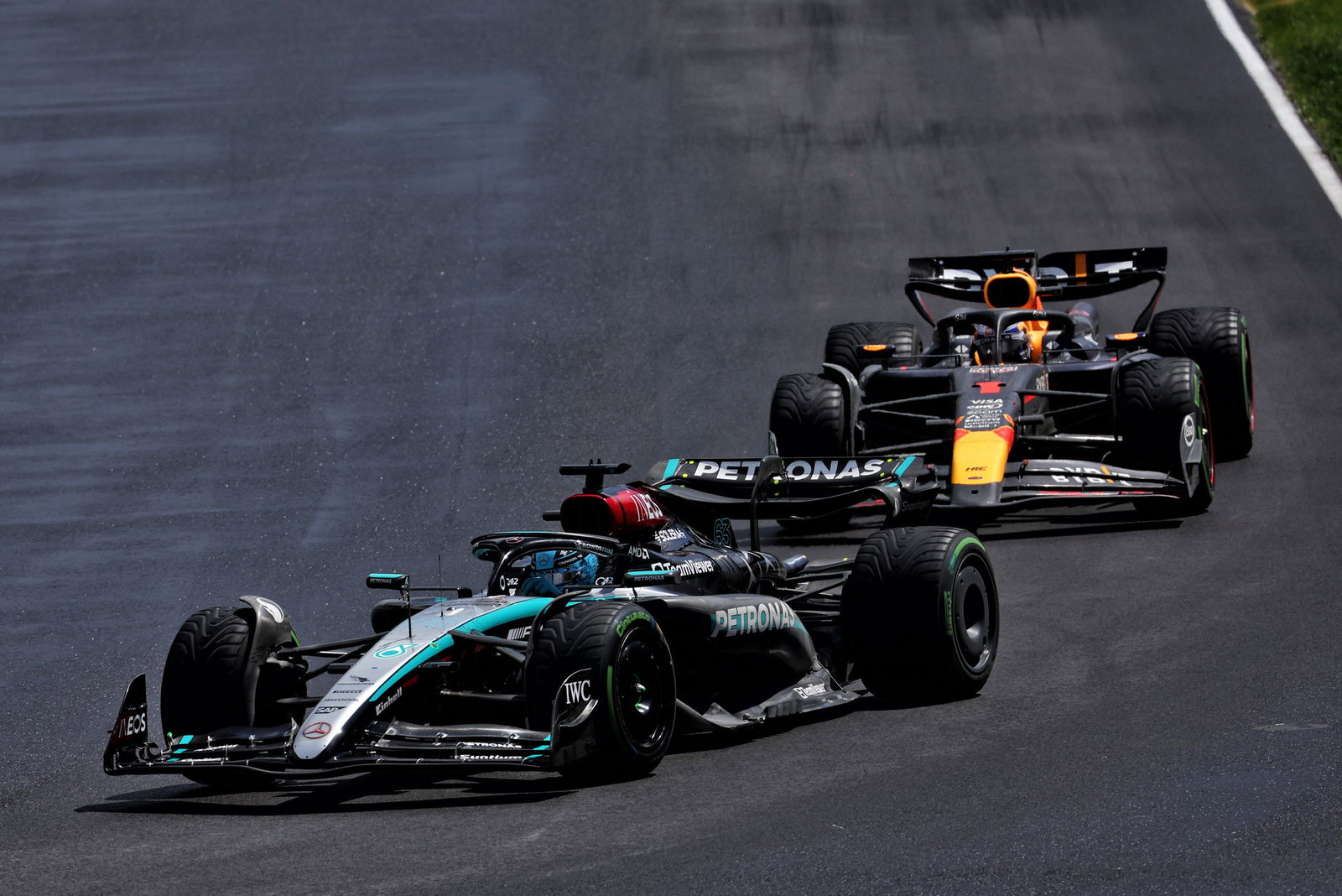 George Russell and Max Verstappen at the 2024 Canadian Grand Prix