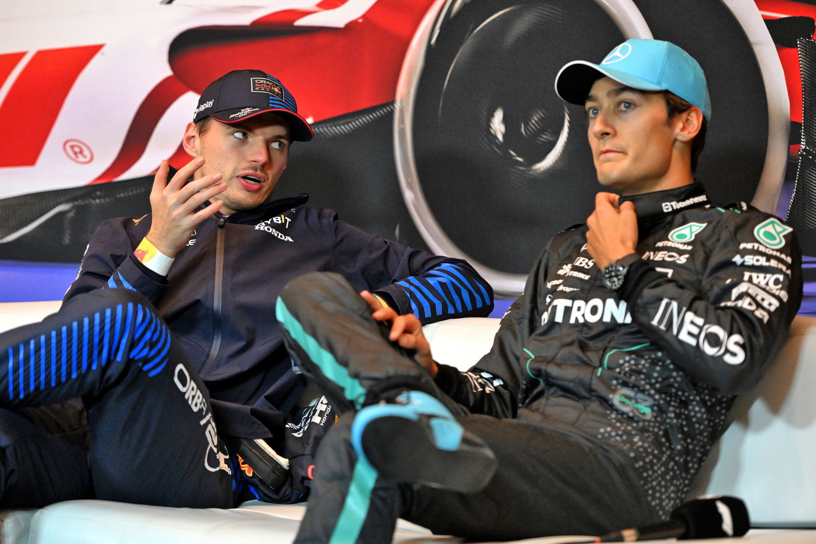 Max Verstappen and George Russell after the 2024 Canadian Grand Prix