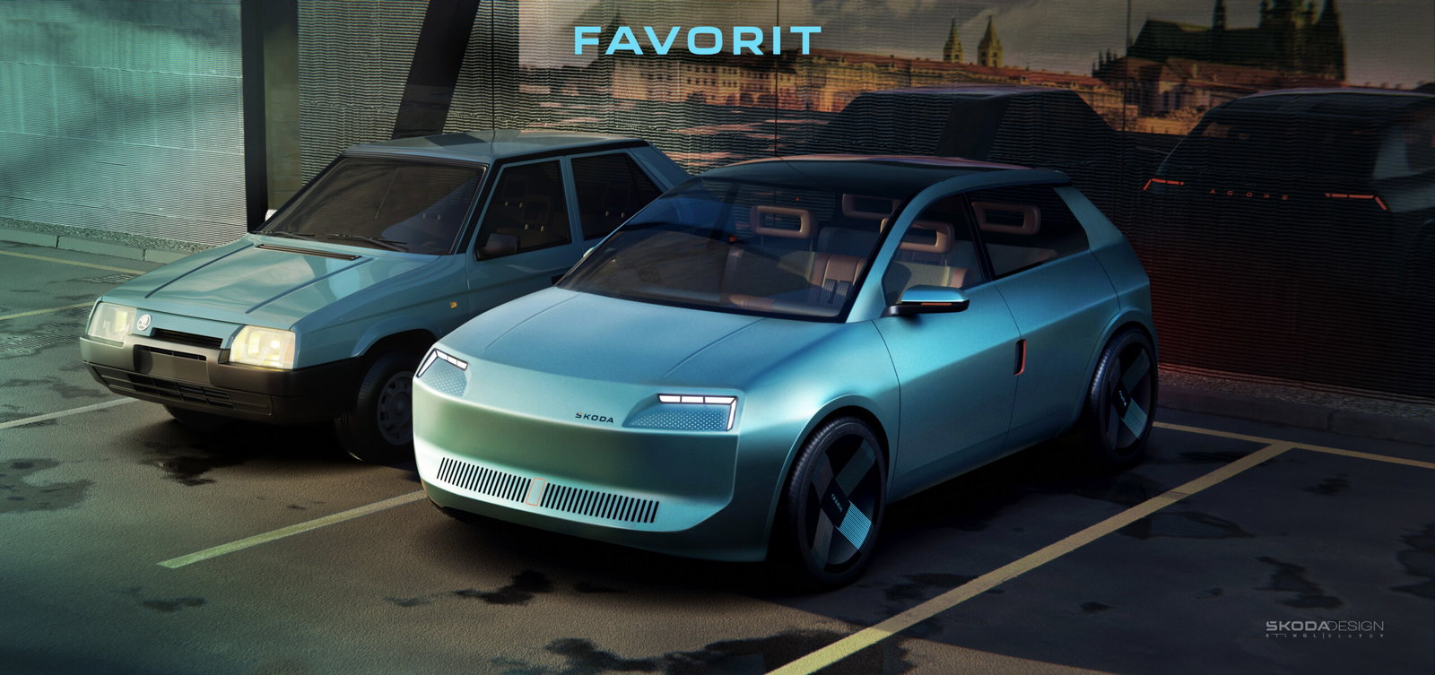 Skoda Favorit EV concept and original - front