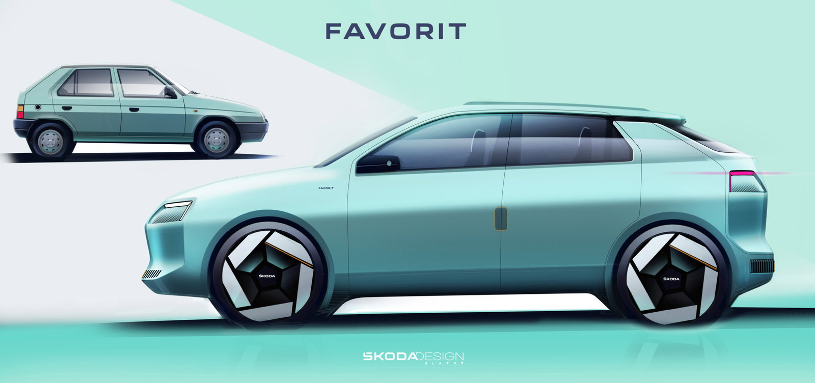 Skoda Favorit EV concept and original - side
