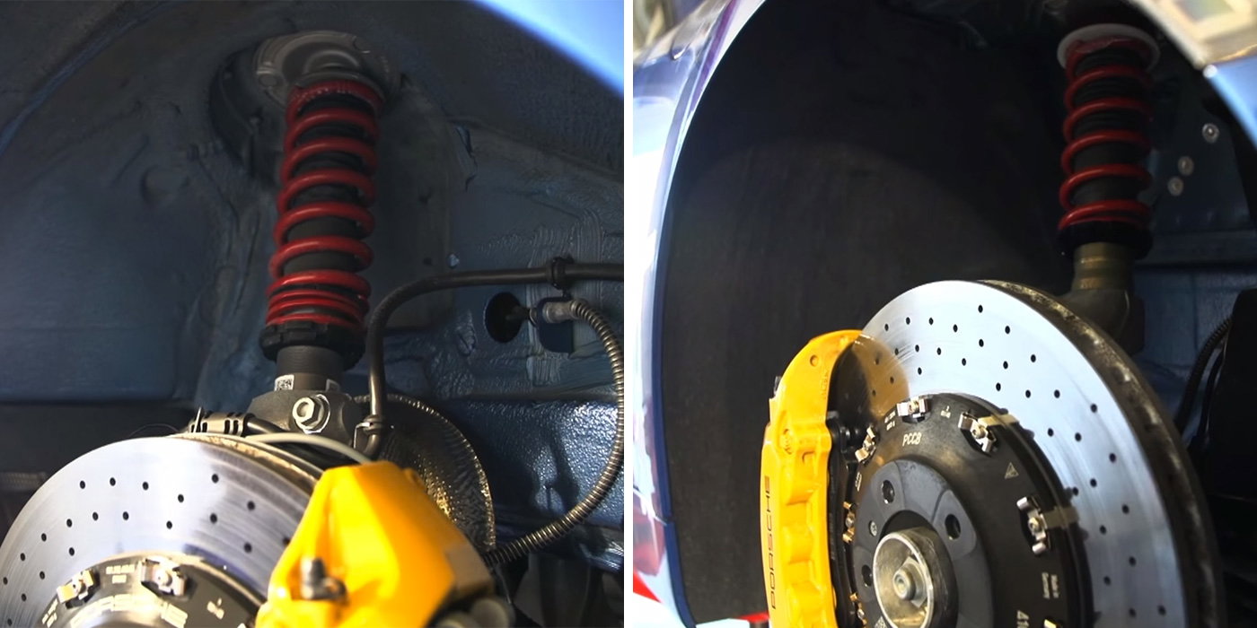 GT4 uses 911 GT3 front suspension (left), and a bespoke setup at the rear (right). (Image: YouTube/ChrisHarrisOnCars)