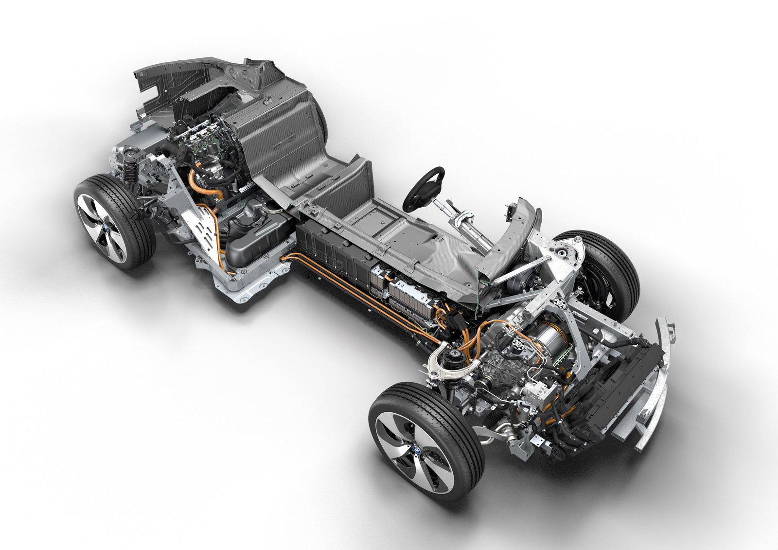 At the front sits the electric motor. At the rear sits the ICE and in the middle you'll find the batteries