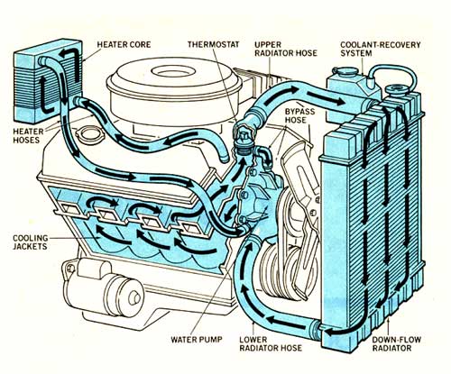 A Suzuki cooling system showing the flow of coolant around the engine block