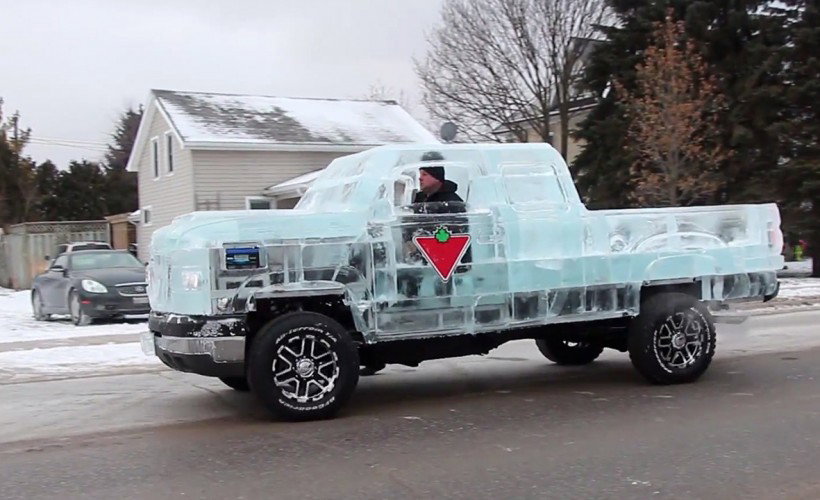 No, this is not how we build cars in Canada. Although this truck made out of ice was fully functional, it was only made as a PR stunt for the Canadian Tire auto parts chain.