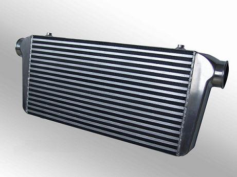 This air-to-air intercooler has large inlet and outlet diameters to reduce restriction on the high pressure air flow