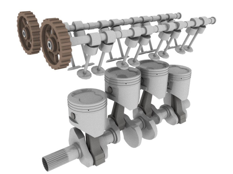 A DOHC and crankshaft in their respective positions