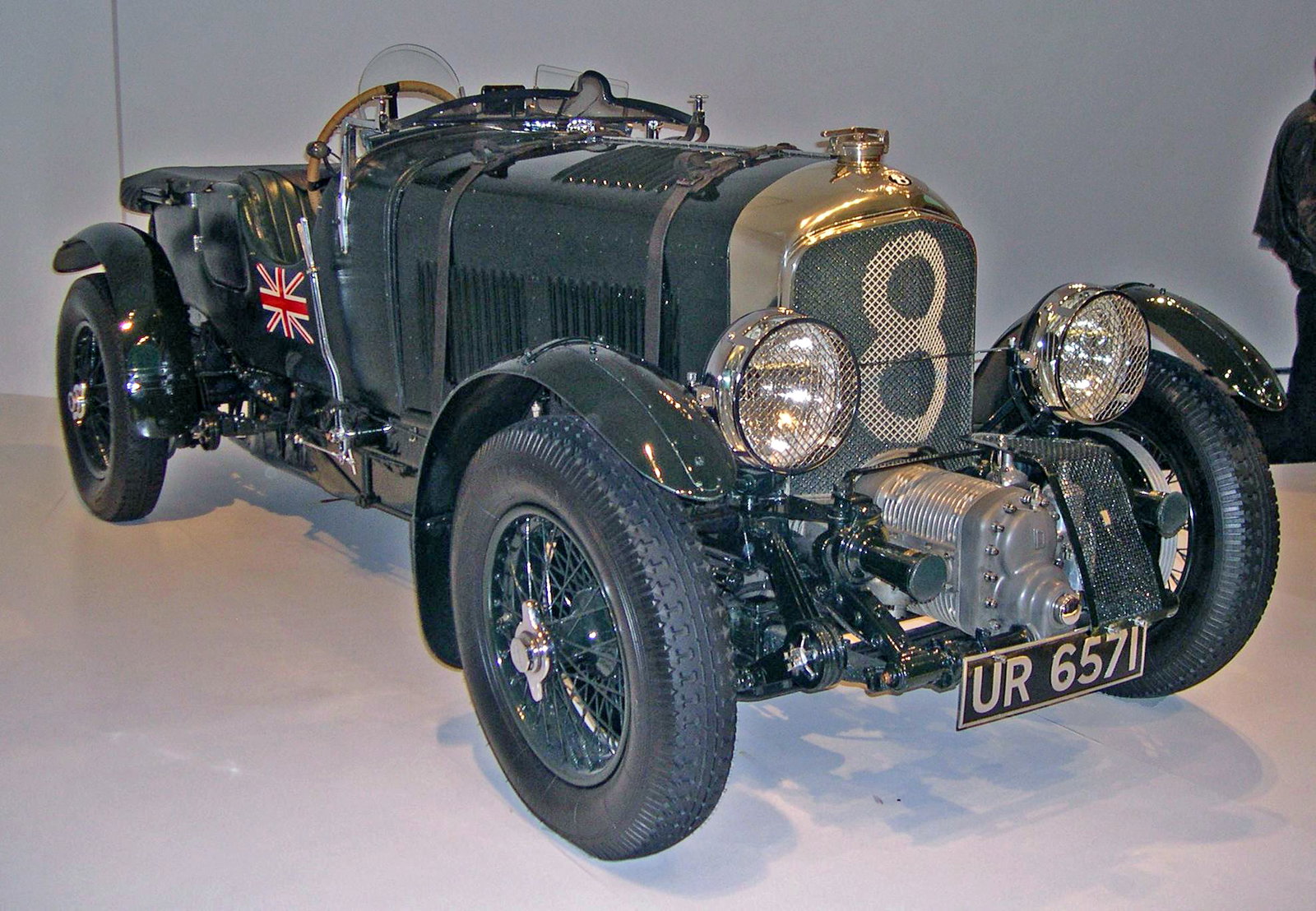 A pre-war Bentley Le Mans racer with a front-mounted supercharger directly connected to the crank