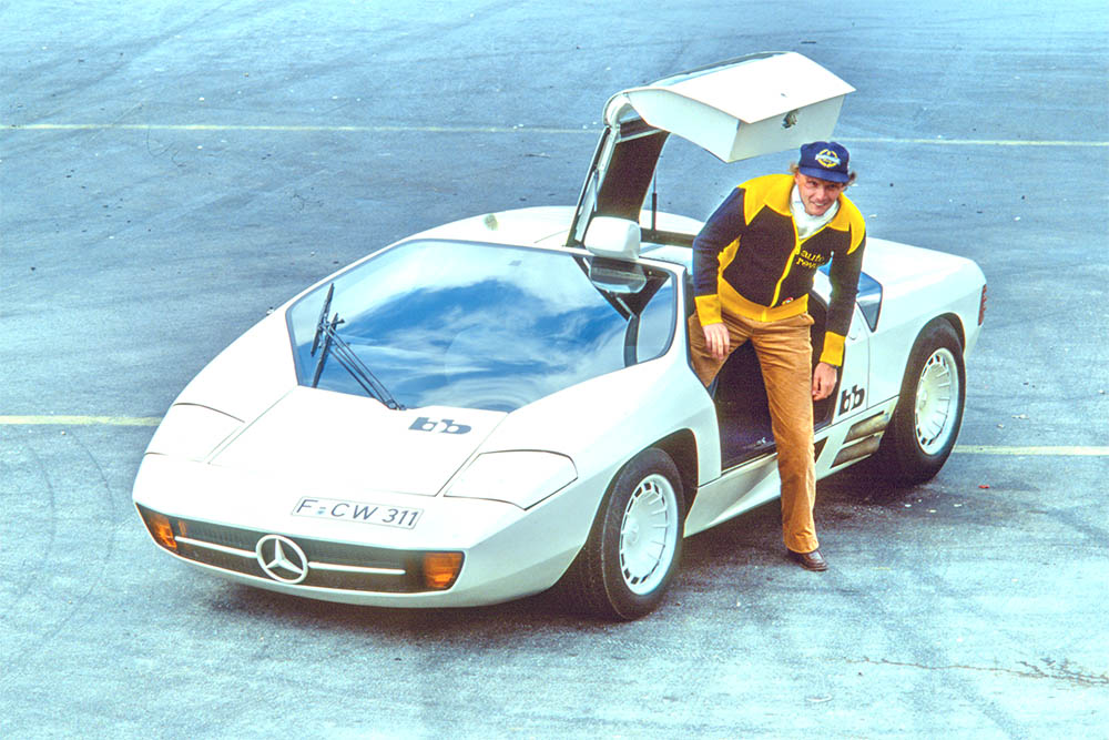 Niki Lauda getting out of the car during testing at the Salzburgring