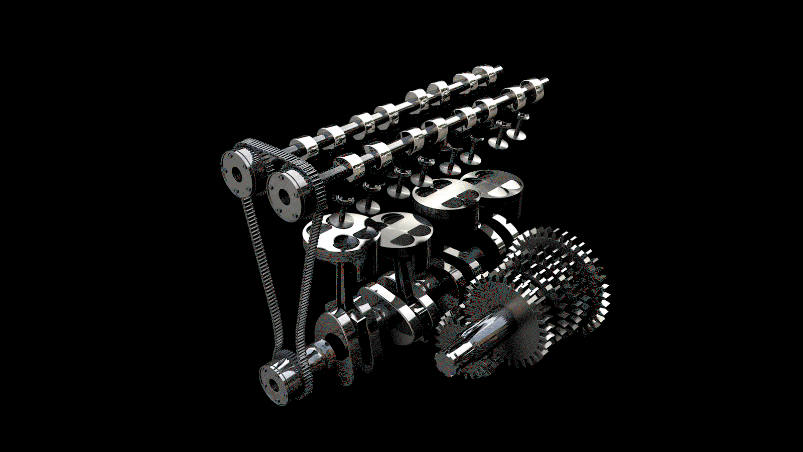 Here you can see a timing chain with the cams and crank rotating in unison