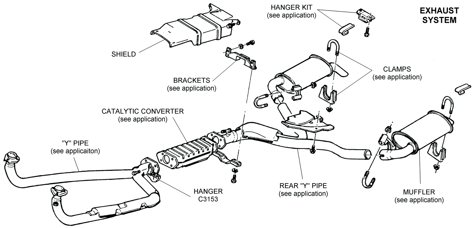 An exhaust system from an old Chevy, showing the placement of the catalytic converter