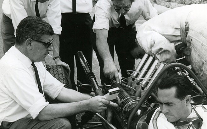 Phil Irving with Jack Brabham at the Tasman Series round at Sandown, february 1966