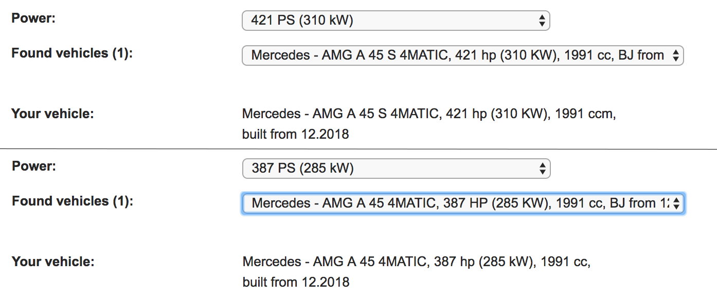 Both the new Mercedes-AMG A45 and A45 S appear in drop-down menus on Huck24's website
