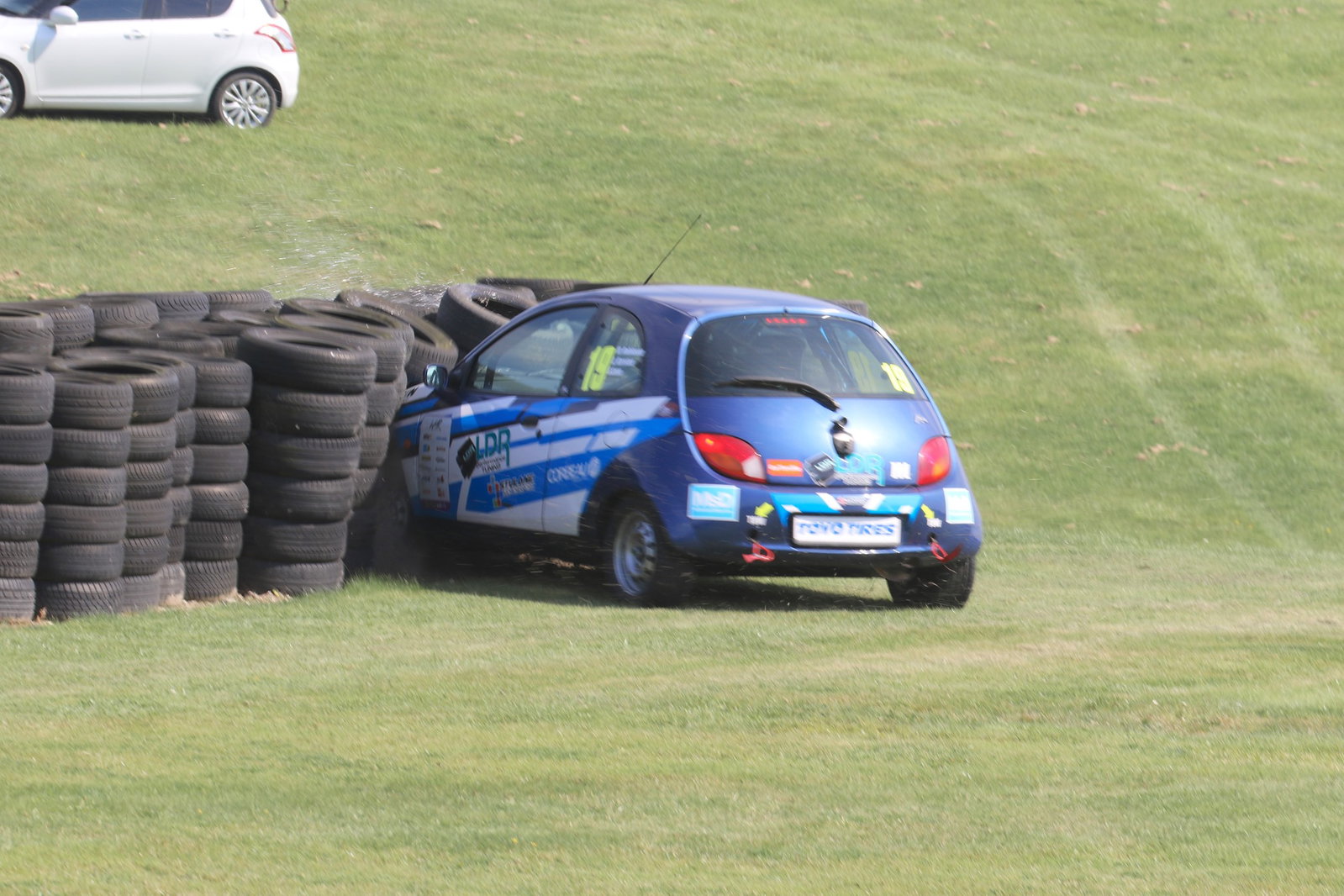 After a spin on the exit of Charlies, our Ka ate a tyre barrier (Image via Scott Grear-Hardy)