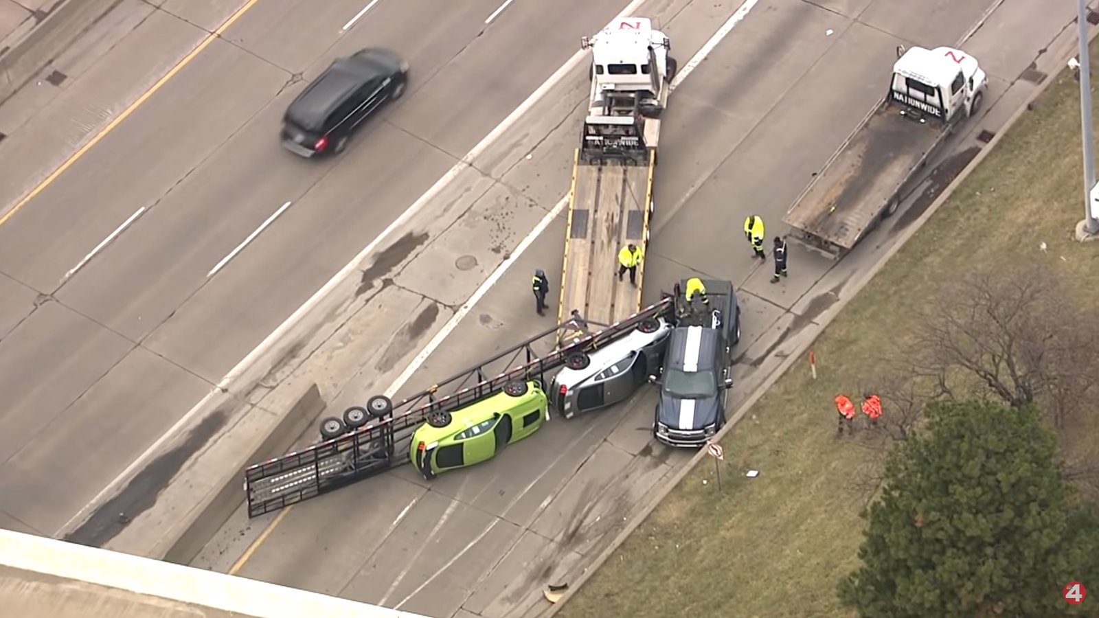A Trailer Transporting Shelby GT500s Has Overturned On The Freeway